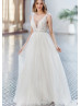 Beaded Ivory Lace Tulle Sexy Flowing Wedding Dress